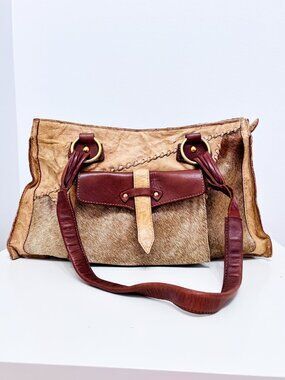 NARDELLI Beige Leather Shoulder Tote Bag Hair-On Panels Burgundy Trim